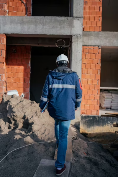 AGREE site supervisor in hard hat and hi-vis jacket inspecting an active construction site
