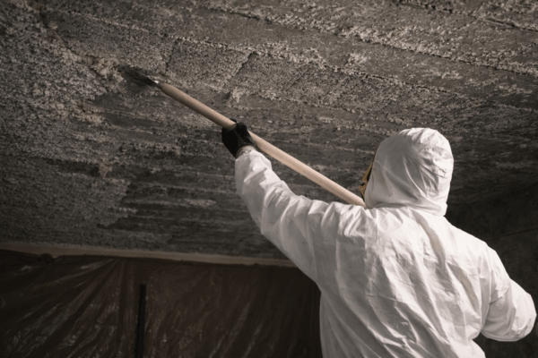 Technician in full protective suit scraping asbestos coating from a ceiling during environmental remediation
