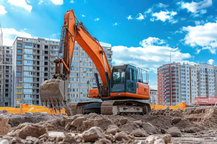 Orange excavator clearing rubble on a Los Angeles County demolition and construction site